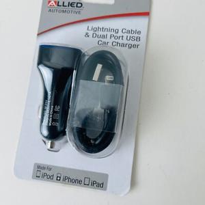 ALLIED Dual Port USB Car Charger with Lighting cable for iPhone iPad iPod And Audio Adapter