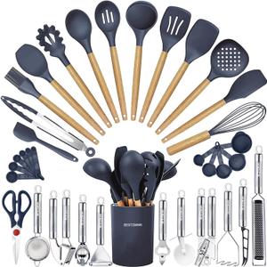 Cooking Utensils Set- 35 PCs Kitchen Utensils with Grater,Tongs, Spoon Spatula &Turner Made of Heat Resistant Food Grade Silicone and Wooden Handles Kitchen Gadgets Tools Set for Cookware (Blue)