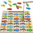 Magnetic Wooden Fishing Game Toy for Toddlers, Alphabet Fish Catching Counting Games Puzzle with Numbers and Letters, Preschool Learning ABC Math Educational Toys 3 4 5 Years Old Girl Boy Kids