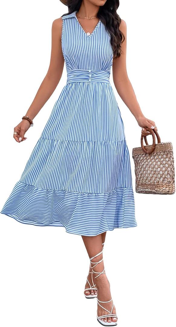 WDIRARA Women's Striped Print Ruffle Hem Belted V Neck Sleeveless A Line Dress, Large , Blue and White 
