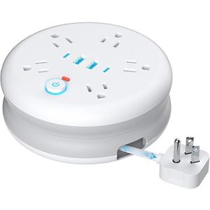Retractable Travel Power Strip: 8 ft Extension Cord Surge Protector - Portable Powerstrip with 5 Outlet 2 Smart USB Port 2 USB C for Travel Cruise Ship Beach Vacation Essentials (8 Ft, White)