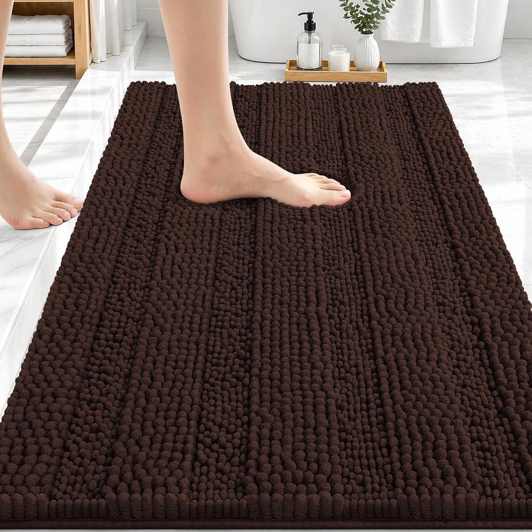 OLANLY Thick Bathroom Rugs 30x20, Extra Soft Absorbent Chenille Striped Bath Rugs, Rubber Backing, Machine Wash Dry, Bath Mats for Bathroom Floor, Tub and Shower, Home Decor Accessories, Brown