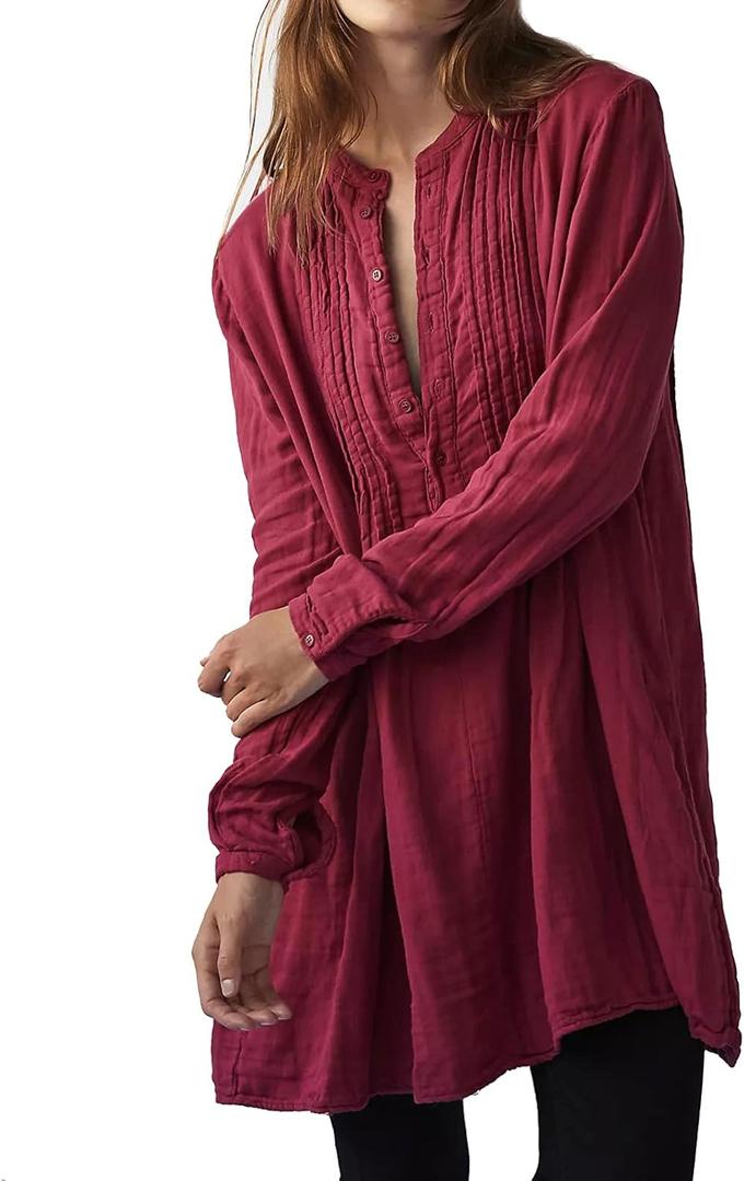 R.Vivimos Women's Tunic Dress Fall Cotton Button Down Long Sleeves Casual Mini Shirt Dress (X-Large, Burgundy)
