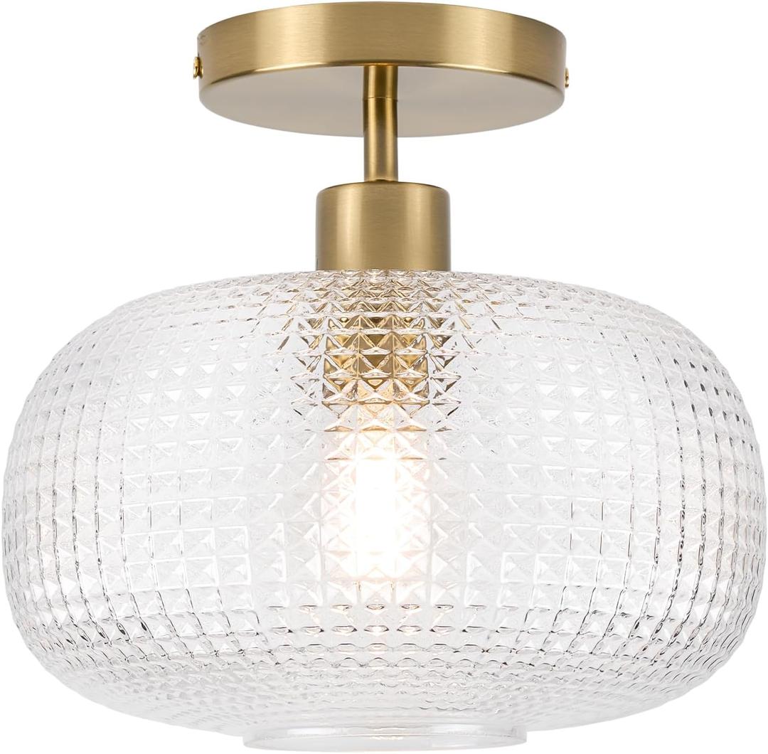 Gold Semi Flush Mount Ceiling Light Fixture - Hallway Light Fixtures Ceiling Mount - Glass Close to Ceiling Lighting for Bathroom Entryway Bedroom, C2503-BG