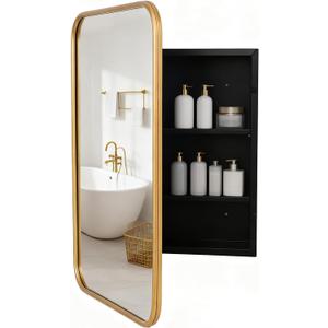 Brushed Metal Medicine Cabinet, no Rounded Rectangle Bathroom Mirror with Storage, 2 Adjustable Shelves, Recessed or Surface Mount Mounting, Reversible Door (Brushed Gold, 24x32)