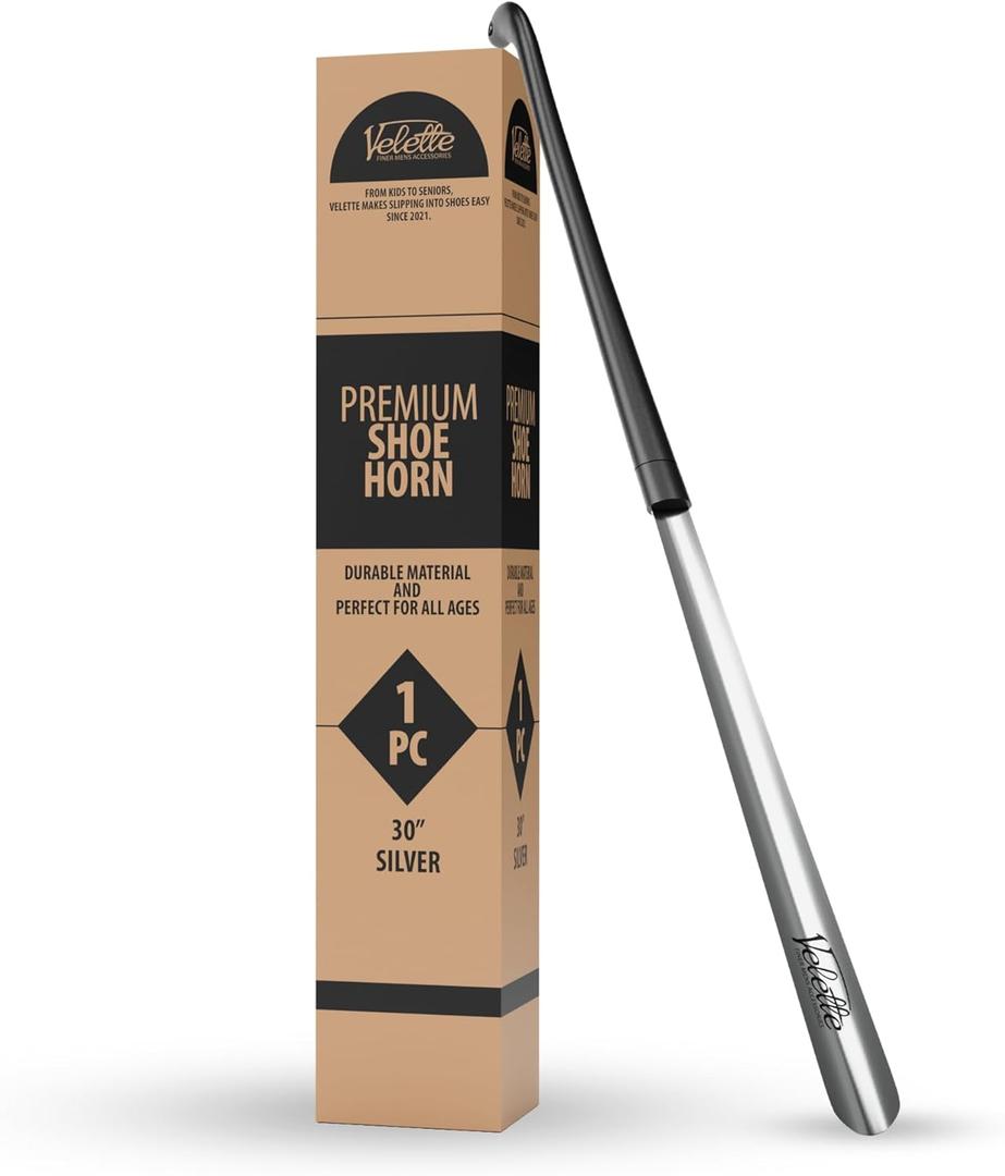 Velette Metal Shoe Horn Long Handle for Seniors - 30" Extra Long Shoe Horn for Women, Men and Kids - Shoehorn, Boot Horns, Shoehorn Long-Handle, Elderly Must Haves - Shoes Spoon, Stick, Helper