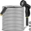 Garden Hose 100 ft, Heavy Duty Stainless Steel Metal Water Hose with 8 Function Nozzle, No Kink, Leak-proof and Lightweight, Easy to Use and Sturdy, Puncture-Proof Outdoor Yard Hose