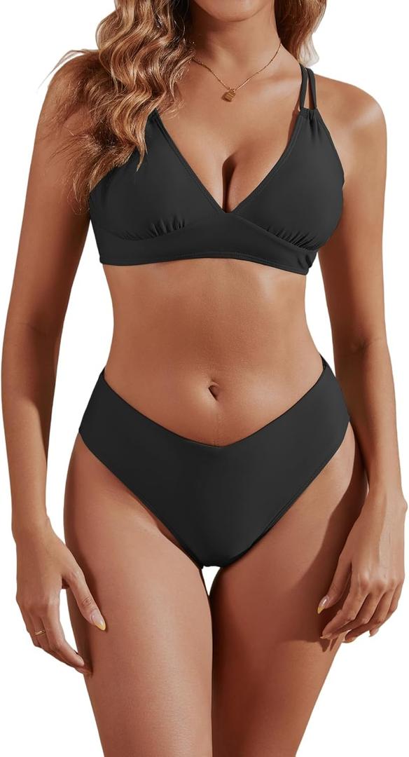 fatty tiger High Cut Bikini Sets for Women Deep V Neck Criss Cross Back Two Piece Swimsuit Cheeky High Waist Bathing Suit (Black, M)
