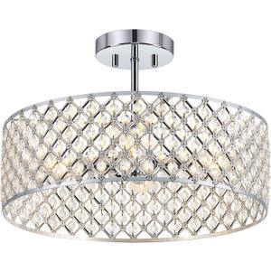 Chrome Crystal Ceiling Light Fixture,Modern Semi Flush Mount Ceiling Lighting Fixture,Round Small Chandelier for Dining Room, Hallway, Entryway, Kitchen, Bedroom,Foyer,4 Light,15.7 inch