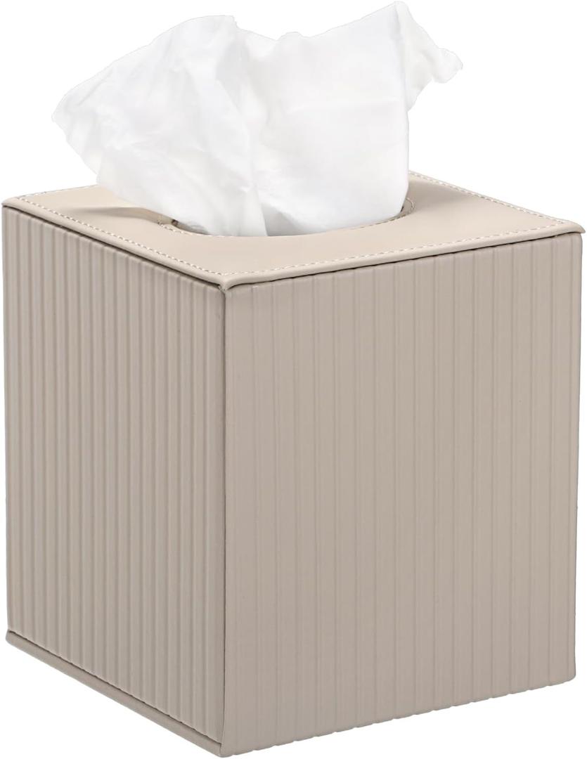 Sumnacon PU Leather Tissue Box Cover Modern Square Tissue Box Holder with Magnetic Closure Decorative Tissue Dispenser Stripes Textured Tissue Holder for Bathroom Car Home Office, Beige