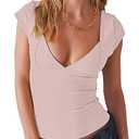 ForeFair Women Sexy Deep V Neck Backless Tank Top Slim Fit Summer Casual Y2k Crop Short Sleeve Top(Pink,S)