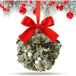 Wettarn Christmas Mistletoe Decor Artificial Kissing Ball Ornament with Bow Berries Hanging Mistletoe Decoration Natural Pine Cone Decor for Doorway Home Christmas Tree(Red,1 Pcs)