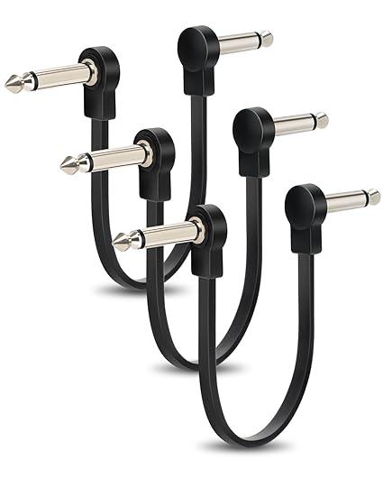 Aqdocvf 3 Pack Professional Guitar Patch Cables 6 Inch 1/4 TS Flat Ultra Thin Effect Guitar Pedal Patch Cables (RightAngle, Black) for Effect Pedal Instrument Cable, Maximize Pedalboard Space