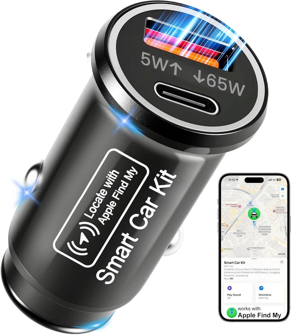 GPS Tracker for Vehicles, Tracking Devices for Cars Hidden, Undetectable GPS Tracker for Car with High-Speed 65W Dual Port USB-C Car Charger No Monthly Fee No SIM Card Required, Tracker for iOS Only