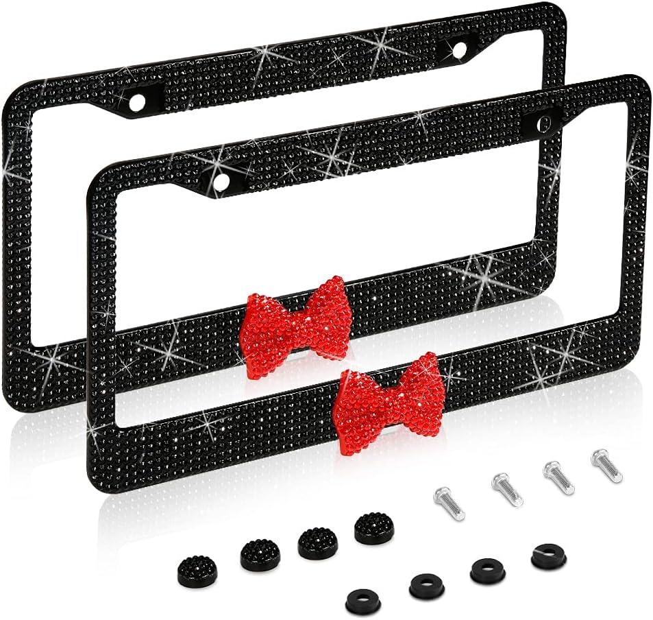 2 Pack Bling License Plate FrameHandcrafted Bling Rhinestone Premium Stainless Steel License Plate Frame14 Facets Clear Color Rhinestone Crystal (Black&Red-Bow)