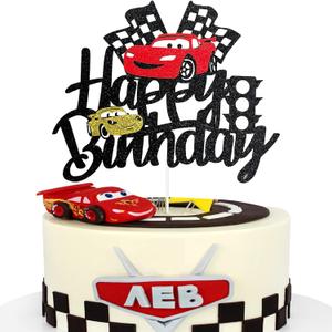 MEMOVAN Car Birthday Cake Topper Race Car Cake Decoration for Boy Girl Man Racing Car Checkered Flag Themed Birthday Party Supplies Double Sided (4)