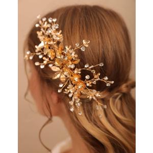 Jumwrit Bridal Hair Comb Rhinestone Crystal Headpiece Handmade Flower Leaves Pearl Hair Comb for Bride Bridesmaid Wedding Hair Accessories for Women GirlsGold