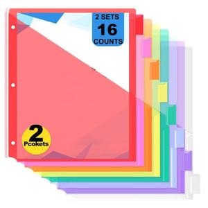 Awsedrt 8-Count Binder Dividers with Two Pockets, 8 Tabs, 3-Hole Punched, Multicolor Plastic Index Dividers Durable, Tear-Resistant, Insertable Labels Fits Standard 3-Ring Binders(Red,2sets)