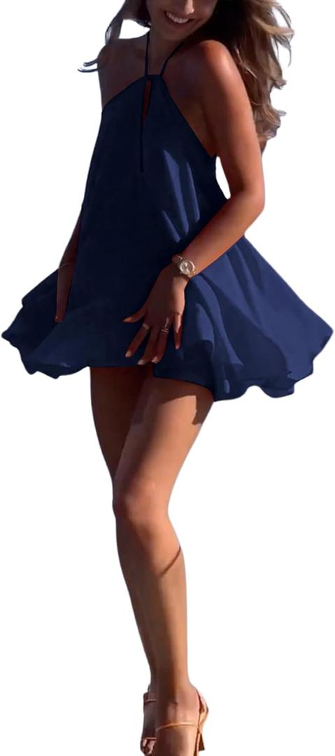 SOLY HUX Women's Mini Dress Halter Neck Sleeveless Tie Backless Swing Flowy Beach Dresses Summer Vacation Clothes (Medium, Dark Blue)
