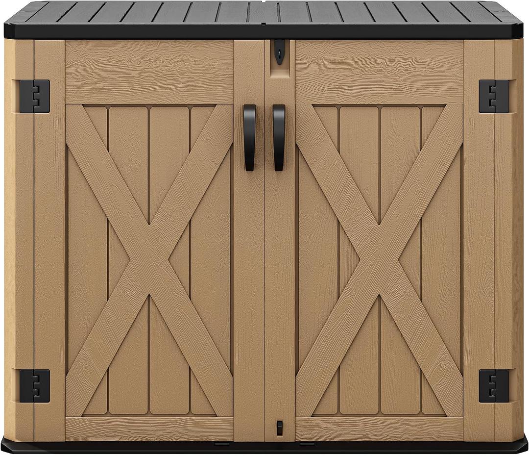 DWVO Outdoor Storage Shed, Weatherproof Resin, 35 Cu Ft Capacity, Horizontal Design, X-Shaped Lockable Door, Suitable for Bike, Garden Tools, Trash Cans, Brown