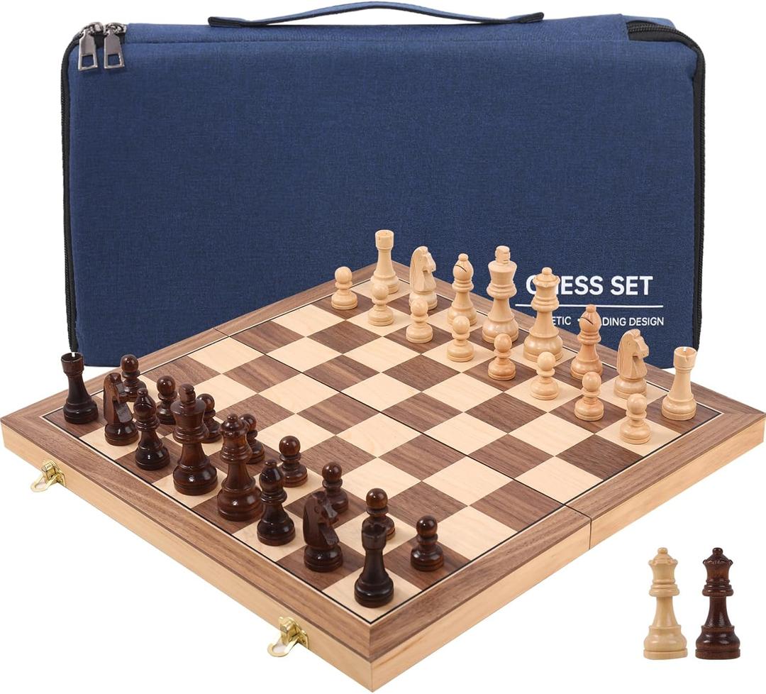 Wooden Chess Set 15 Inch - Classic Handcrafted Game Board for Adults with Extra Queen Pieces and Storage Box - Ideal for Home and Travel -Magnetic (Stanton Piece)