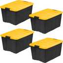 IRIS USA 94 Qt Stackable Plastic Storage Bins with Lids, 4 Pack - BPA-Free, Made in USA - Garage Organizing Solution, Latches, Durable Nestable Containers, Secure Pull Handle - Black/Yellow