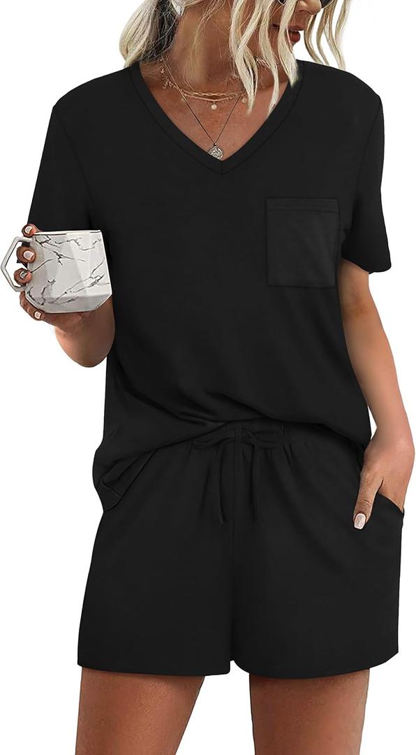 RUBZOOF Women's Short Sleeve Pajama Sets with Pockets Casual V Neck 2 Piece Lounge Sets S-3XL (01-black)