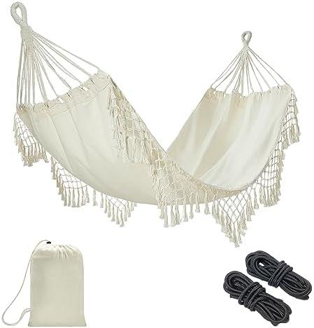 JoyView Boho Macrame Single Hammock with Hanging Ropes & Elegant Tassels 78.8x39.4 Portable Cotton Hammock for Patio Backyard Porch 300LBS Weight Capacity Perfect for Outdoor/Indoor - Beige Color