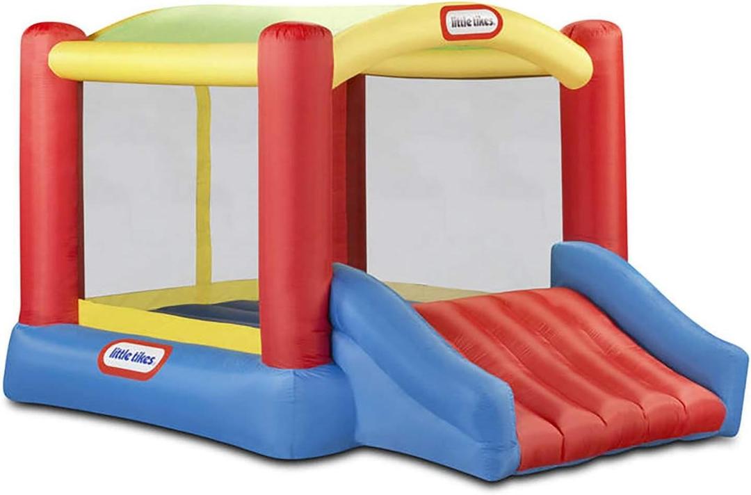 Little Tikes Jump 'n Slide Bouncer with Arched Canopy Overhead Cover, Plus Heavy Duty Blower, Stakes, Repair Patches, and Storage Bag |3-Kid Capacity, Ages 3-8 Years (144.00 L x 108.00 W x 72.00 H Inches, Multi-color)