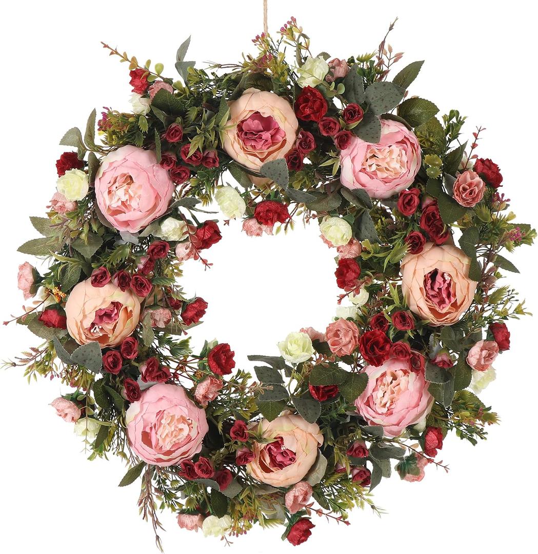 Spring & Summer Wreath, 24in Round, Red Silk & Grapevine, Door Mount, Seasonal Decorative