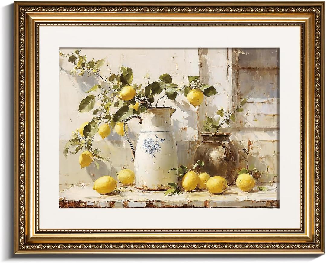 InSimSea Gold Framed Wall Art, Yellow Lemon Vintage Kitchen Wall Shelf Decor, Still Life Canvas Print Art, Dining Room Home Farmhouse Decor, Antique Paintings with Picture Frame 13x16inch