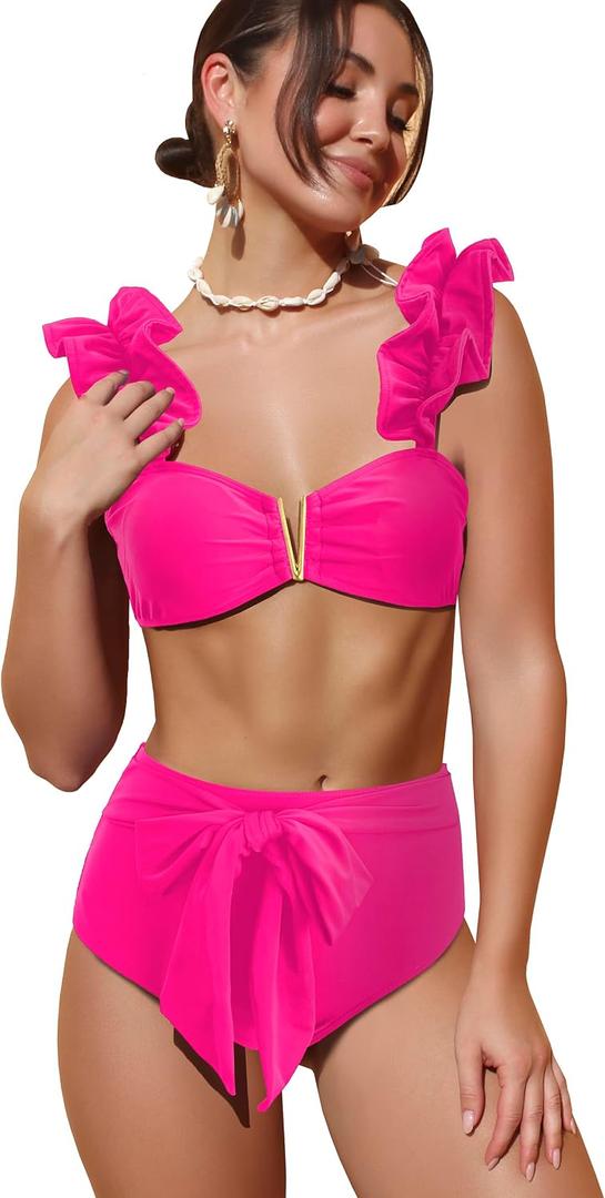 SPORLIKE Women High Waisted Swimsuit Flounce Straps Bikini Bathing Suit (Pink, L)