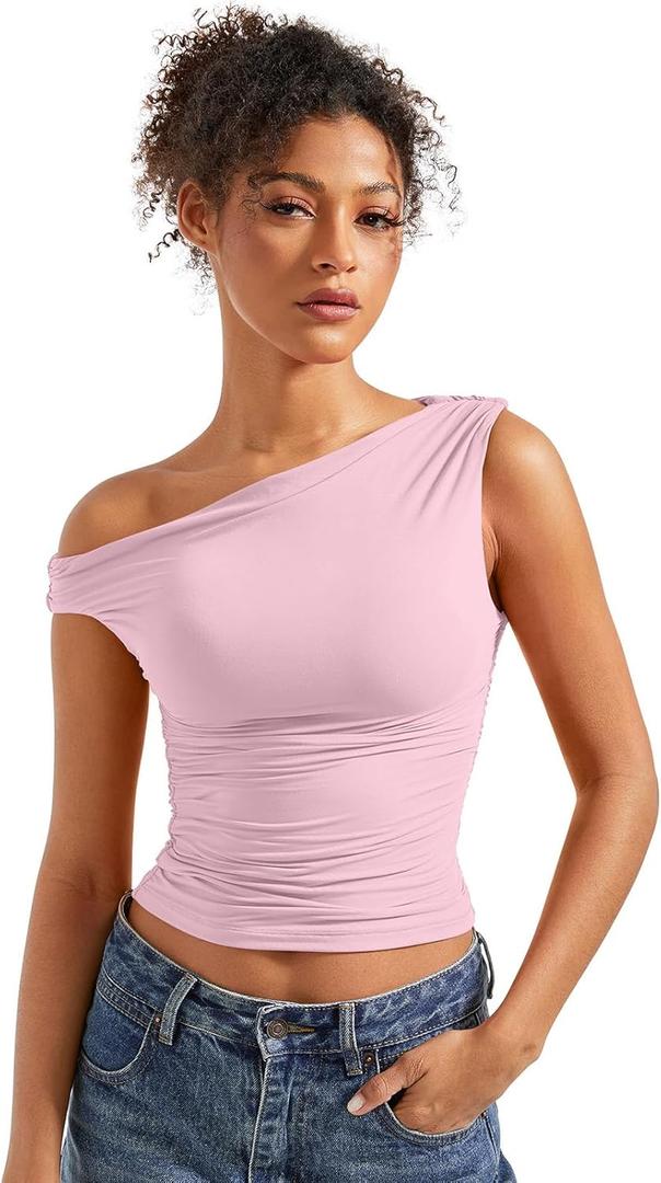 SUUKSESS Women Off Shoulder Tops Sleeveless Shirts Y2K Going Out Crop Tank Top (Large, Pink)