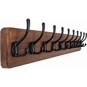 SKOLOO Farmhouse Style Wall Mounted Coat Rack, 38.6'' Pine Solid Wood Coat Hook Hanger - 10 Hooks for Hanging Clothes Robes Towels Coats (Brown Plate & Black Hook)