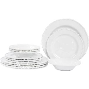 White Pearl Melamine Dinnerware Set, 12-Piece Plastic Dinner Dishes Set, Service for 4 Unbreakable Kitchen Plates and Bowls Set