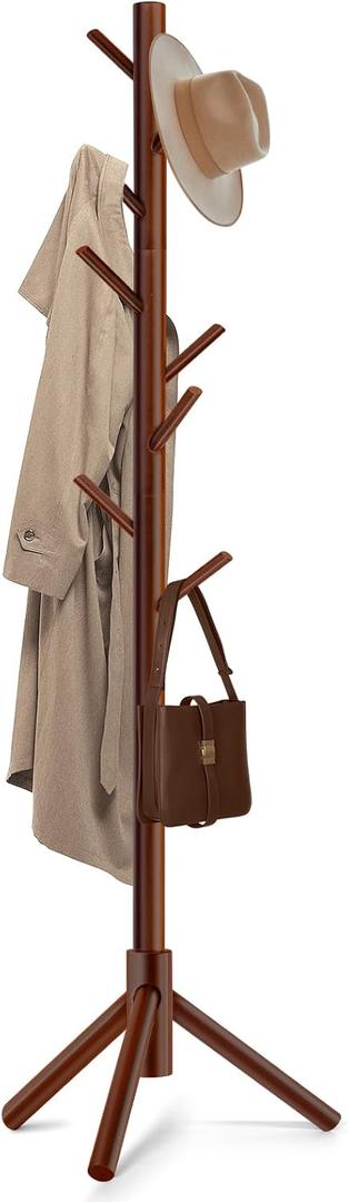 Wooden Coat Rack Freestanding with 8 Hooks & 3 Adjustable Sizes for Clothes, Space-Saving Design for Bedroom Office Entrance Holds Hats Coats Scarves Bags