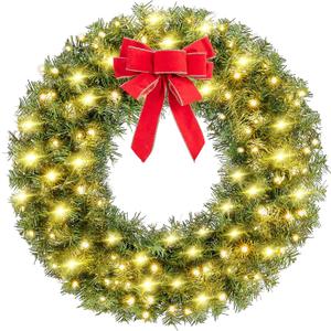 Yaheetech 30in Large Artificial Christmas Wreath, Pre-lit Holiday Accent Decoration with Red Bow, 110 LED Lights & 300 PVC Tips, Metal Structure for Door Wall & Mantel