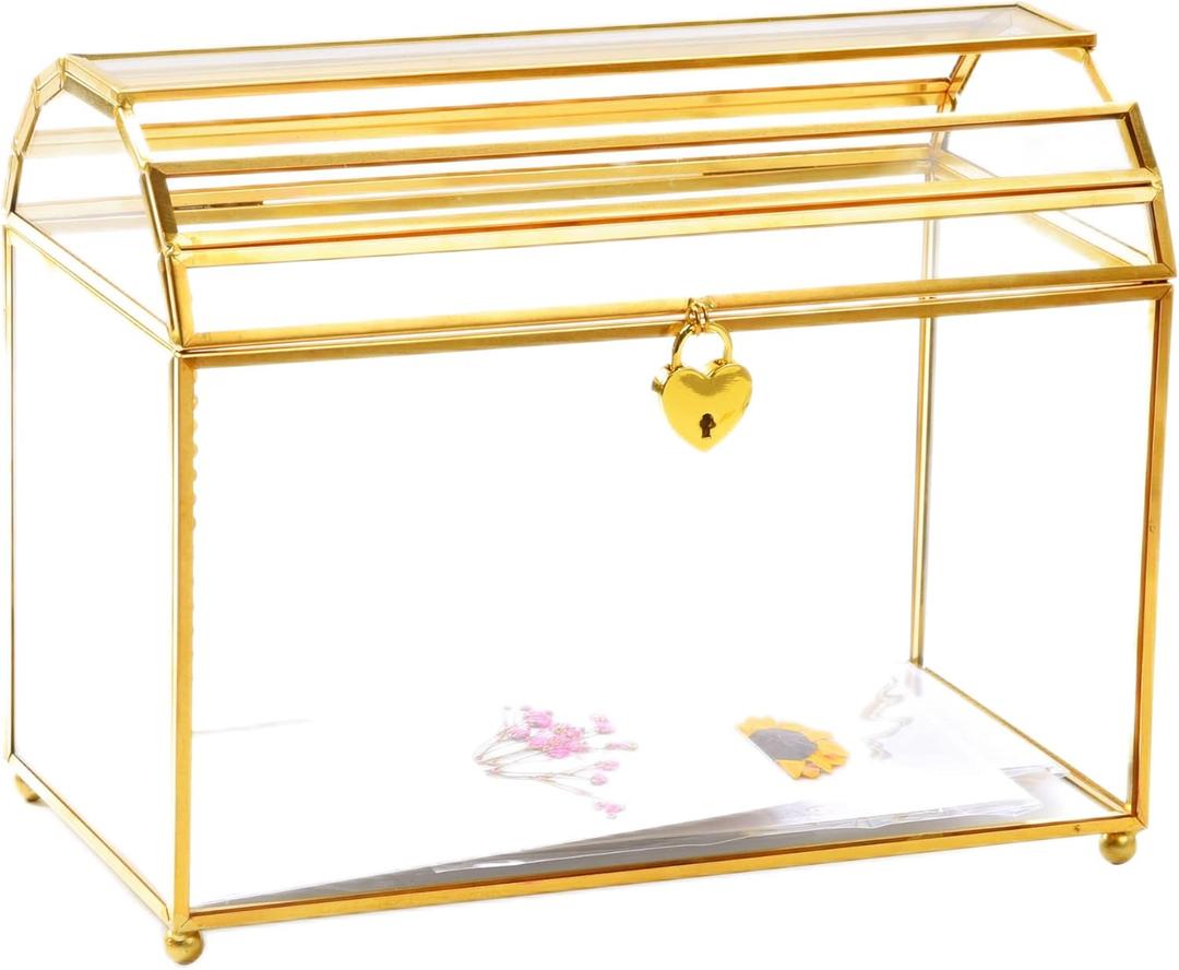 Wedding Gift Card Box with Lock and Slot, Golden Glass Box for Ballot/Donation/Raffle/Reception, Upgraded Security Lock, 10x7.7x5.5 inch