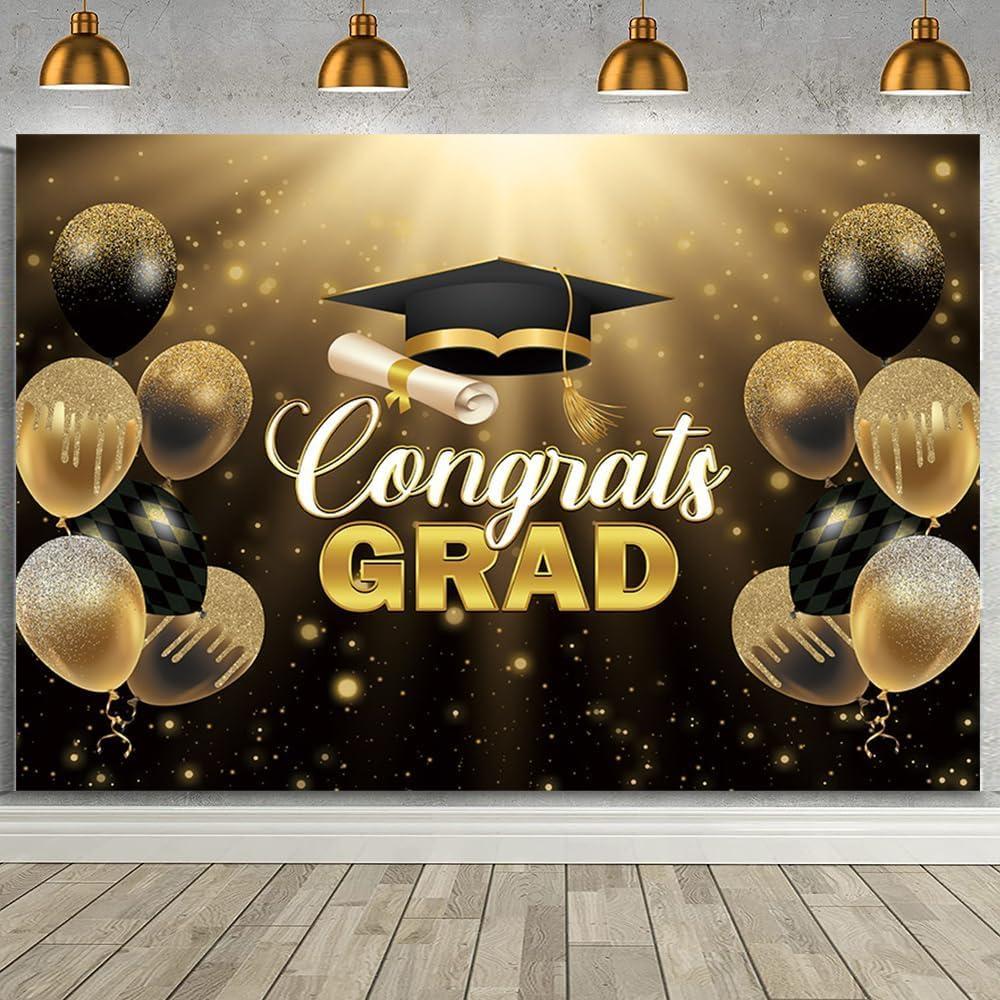 MEHOFOND 8x6ft Graduation Backdrop Gold Black Congrats Grad Photography Background Class of 2025 Congratulations Graduate Party Decorations Banner Glitter Large School Graduation Prom Party Supplie