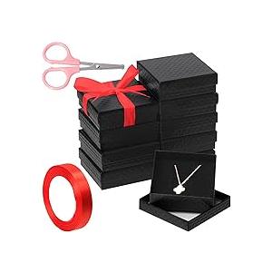 Tanstic 12Pcs Cardboard Jewelry Gift Boxes Kit, 3.5 x 3.5 x 1.2 Inch Beige Gift Boxes Cardboard Jewelry Boxes with 74ft Red Ribbon and Scissor for Rings, Necklaces, Earrings, Bracelets