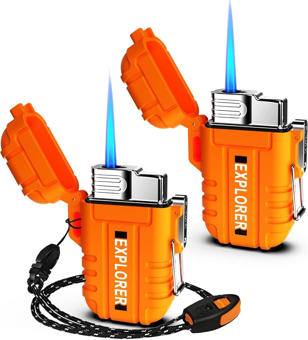 Waterproof Butane Torch Lighter Refillable Windproof Jet Flame Lighters for Fireplace Fireworks Grill Camping BBQ Lighter Gift for Man,2 Pack (Without Gas) (Orange+Orange)