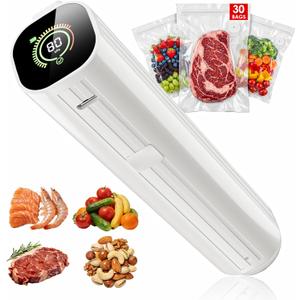 Compact Vacuum Sealer for Food (Vacuum Sealer Machine + 30 Reusable Vacuum Bags) Powerful Handheld Vacuum Sealer Machine, Featuring LED Pressure Display, Portable Food Sealer