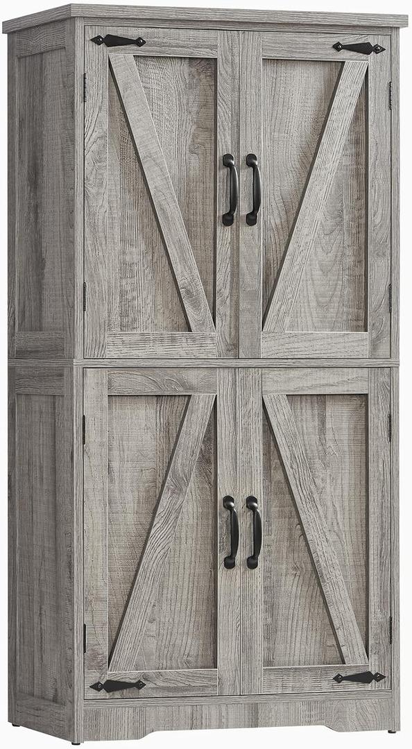 TEENFON Farmhouse Storage Cabinet with 2 Adjustable Shelves, Bathroom Cabinet with 4 Doors, Cupboard for Kitchen, Living Room, Rustic Gray