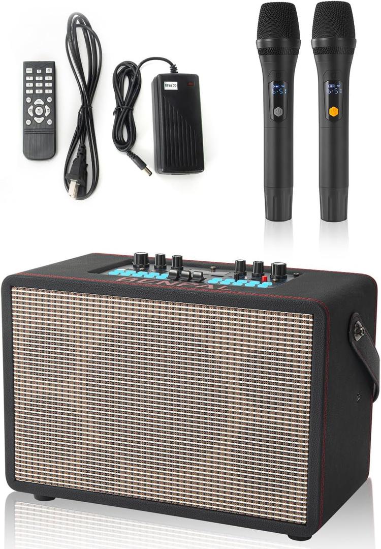 BENPAL Karaoke Machine with 2 Microphones and Bluetooth, Magic Singing Karaoke System with 6.5" Dual Woofers and 2" Dual Tweeters, Supports Bluetooth, Tf Card, USB, Aux Input, Suitable for Home Party