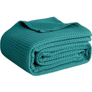 100% Cotton Blankets for Bed - Waffle Weave Blankets for Summer, Lightweight and Breathable Soft Woven Blanket for Spring (Teal, Throw (50" x 60"))
