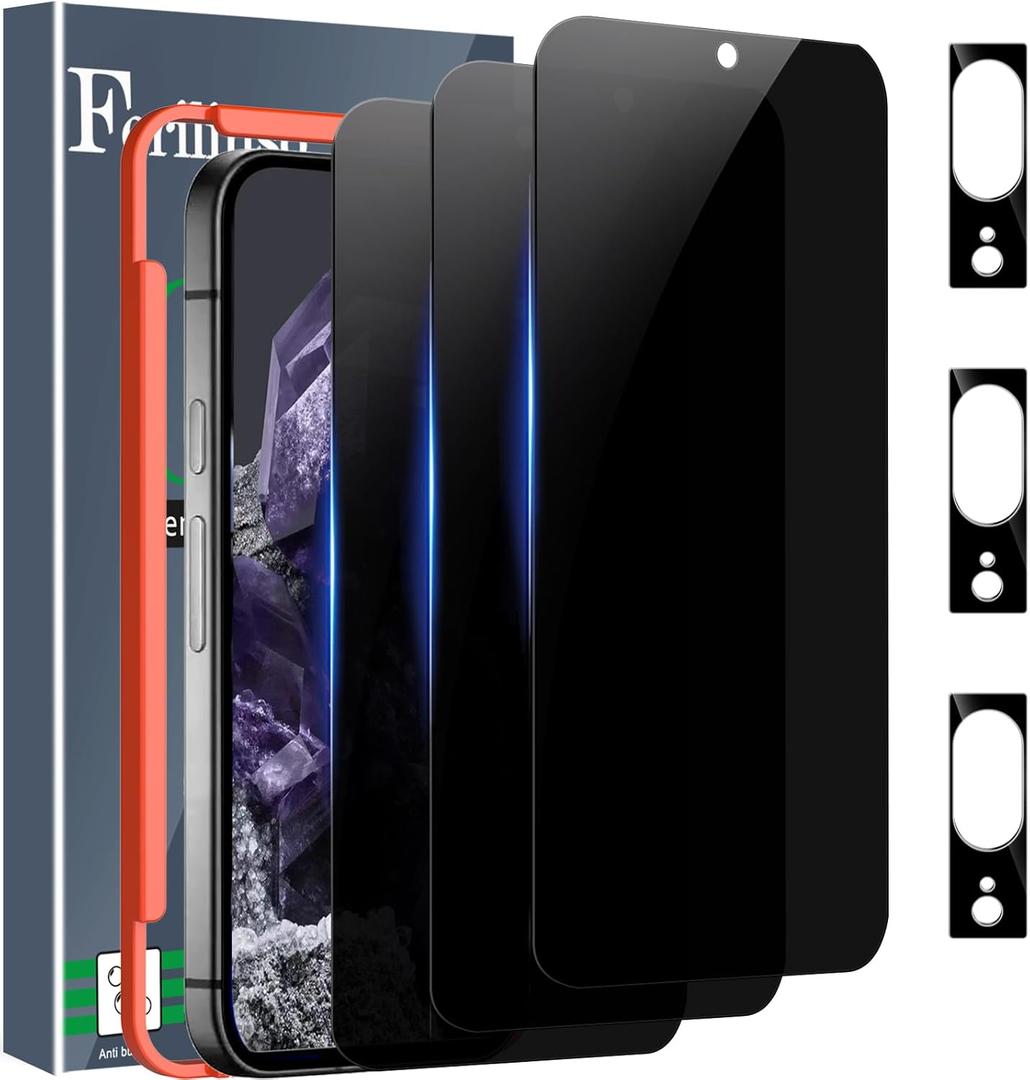 Ferilinso 3 Pack Privacy Screen Protector for Google Pixel 8 with 3 Pack Tempered Glass Camera Lens Protector Accessories Phone Case Friendly Protector de Pantalla for Google Pixel 8