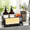 Kitchen Soap Dispenser Set with Sponge Holder and Towel Rack, 17OZ Glass Bottle, Hand and Dish Soap Dispenser Set, Non-Slip Silicone Pad, Brush Holder, Kitchen Sink Caddy Organizer Countertop (Amber)