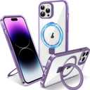 Magnetic Case for iPhone 14 Pro Max - [Built-in Invisible Stand] [Compatible with MagSafe] [Military Grade Drop Protection] Anti-Yellowing Hard Back Silicone Edge Cover, 6.7", Clear Purple