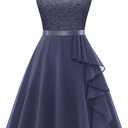 Formal Cocktail Dresses Bridesmaid Wedding Guest Short Prom Dress Ruffle Hem Christmas Sleeveless Lace Gowns, S