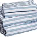 Amazon Basics Lightweight Breathable Super Soft Microfiber 4 Piece Bed Sheet Set, Wrinkle Resistant With 14-inch Deep Pockets - Queen, Dusty Blue Pinstripe, Printed